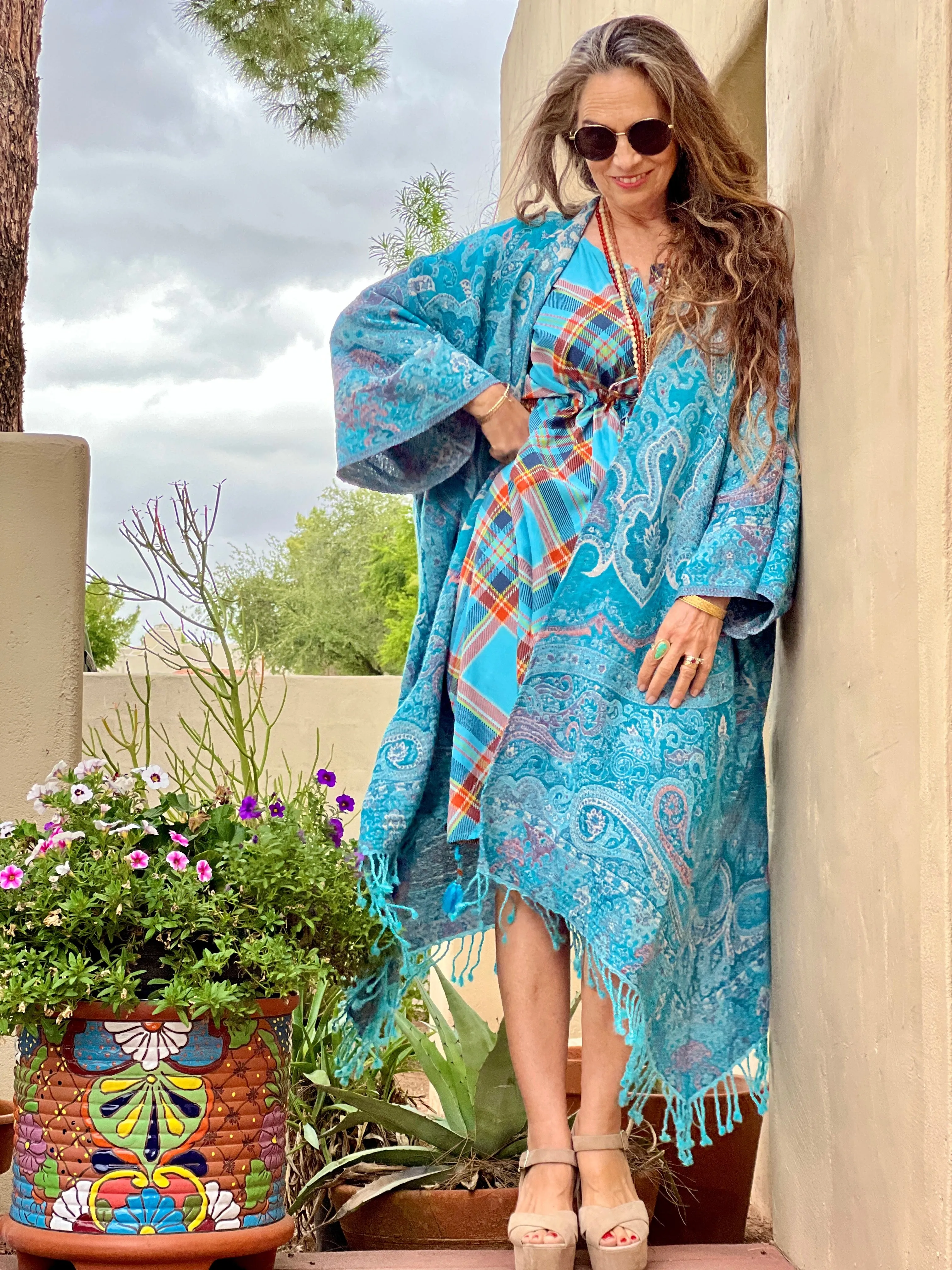 Tempting Turquoise Paisley Kimono Coat Reversible