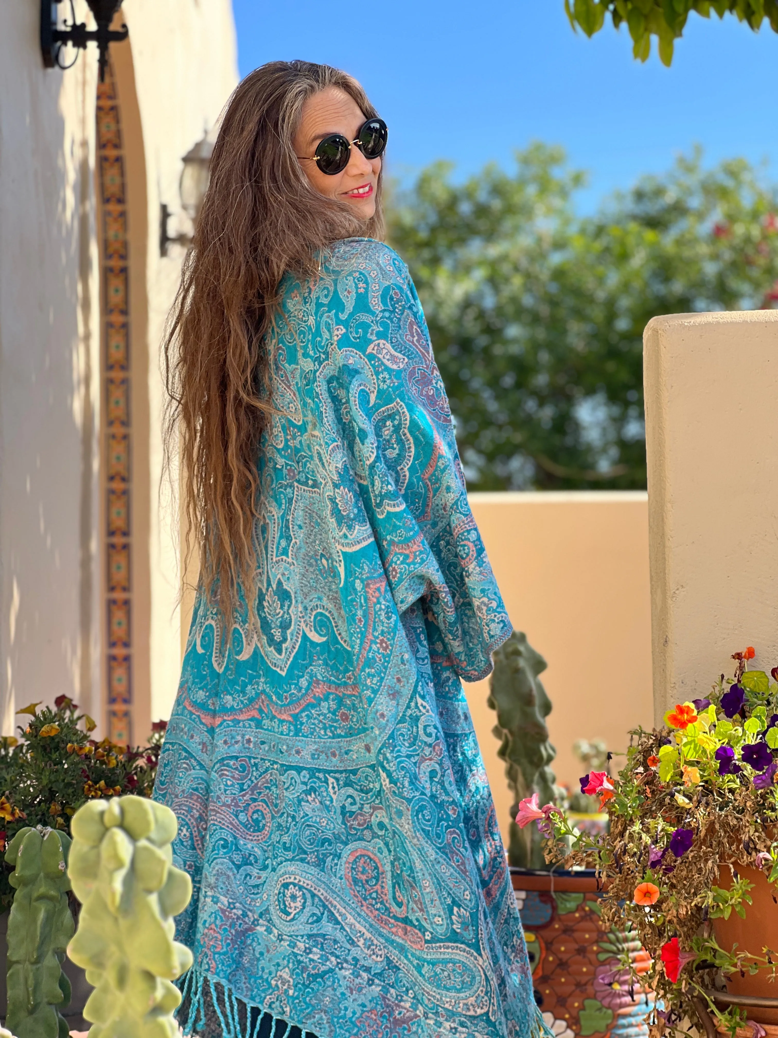 Tempting Turquoise Paisley Kimono Coat Reversible