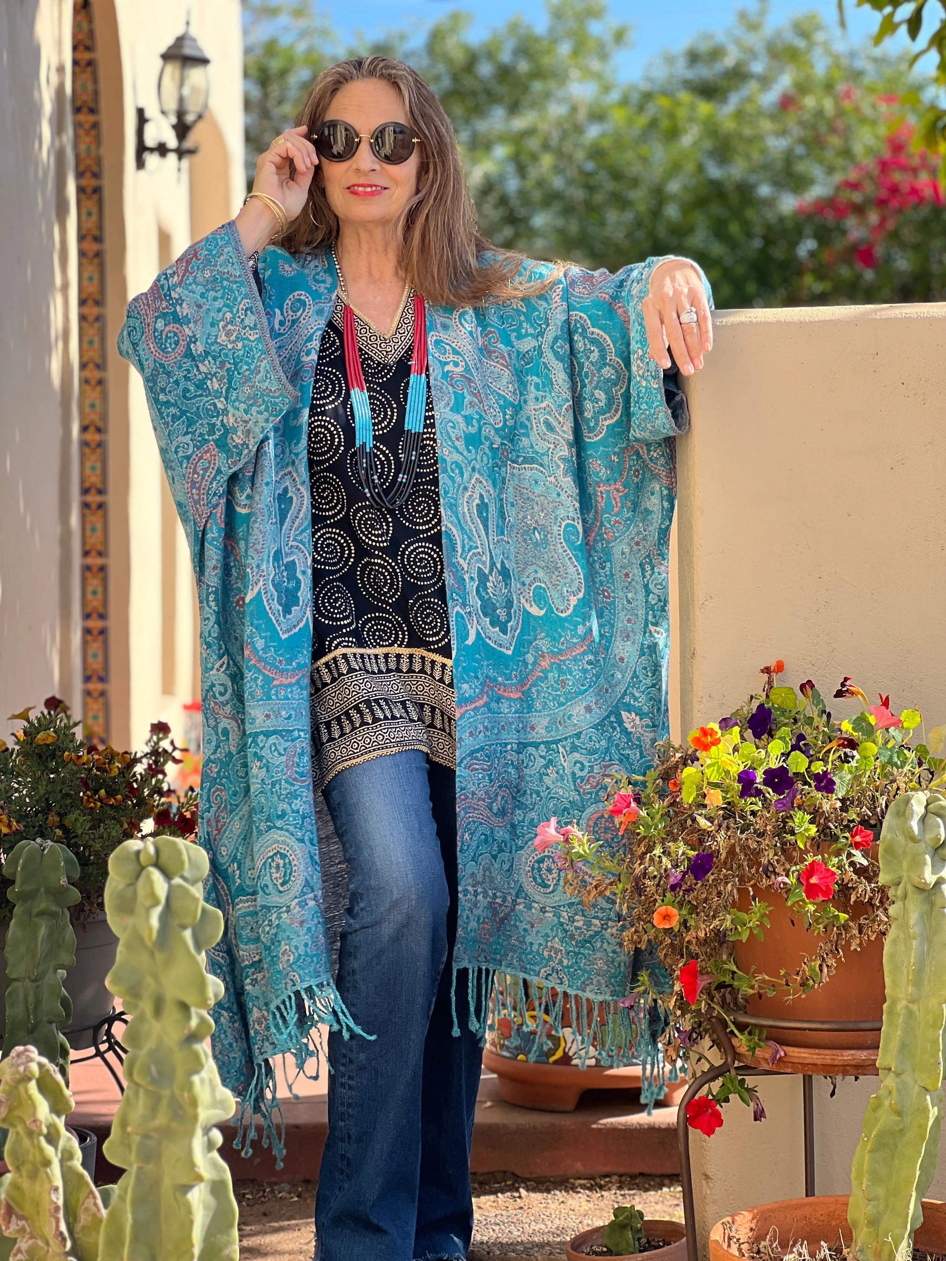 Tempting Turquoise Paisley Kimono Coat Reversible