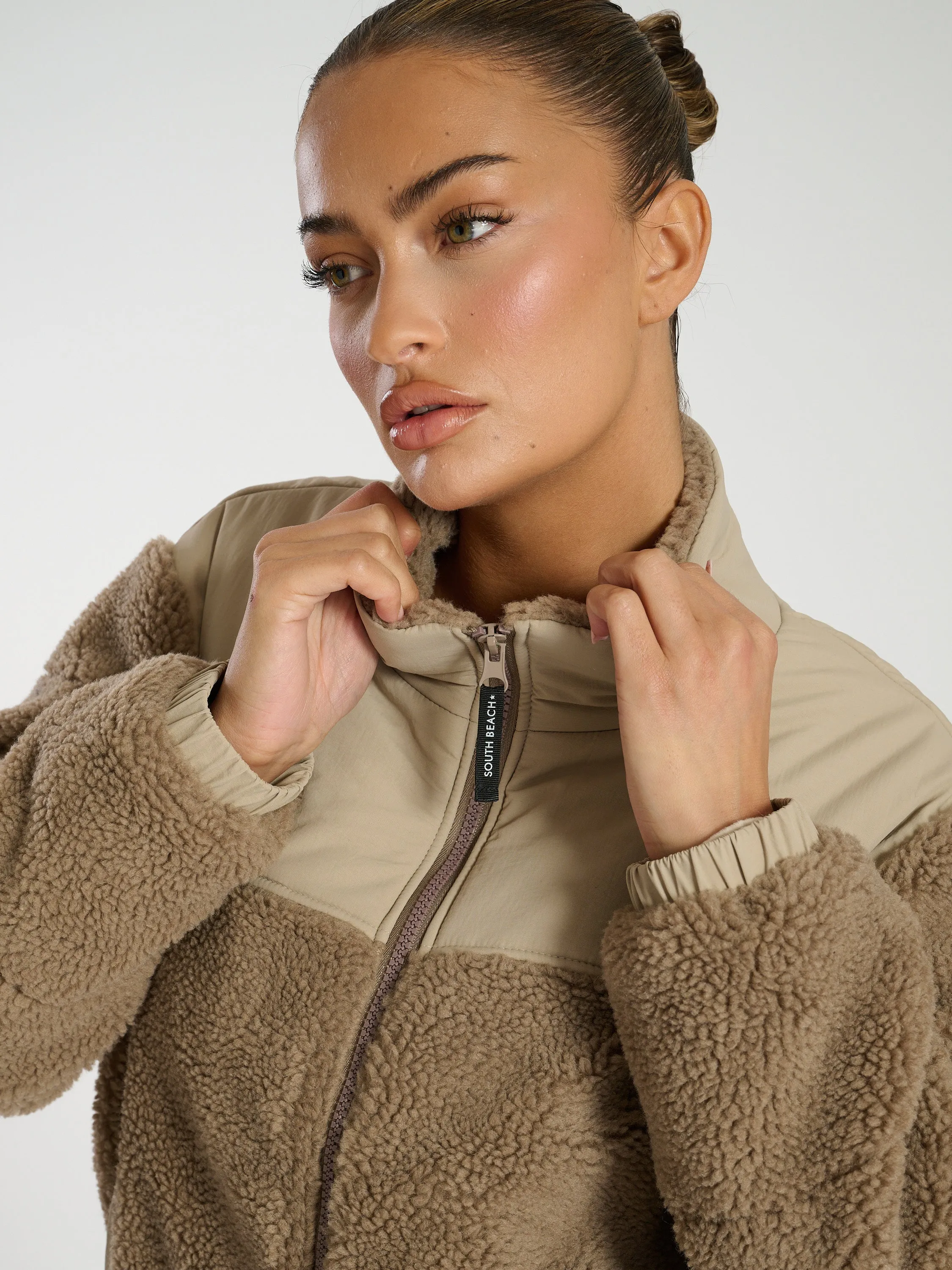 The 'Cold Outside' Cosy Zip Up Teddy Fleece Jacket in Taupe