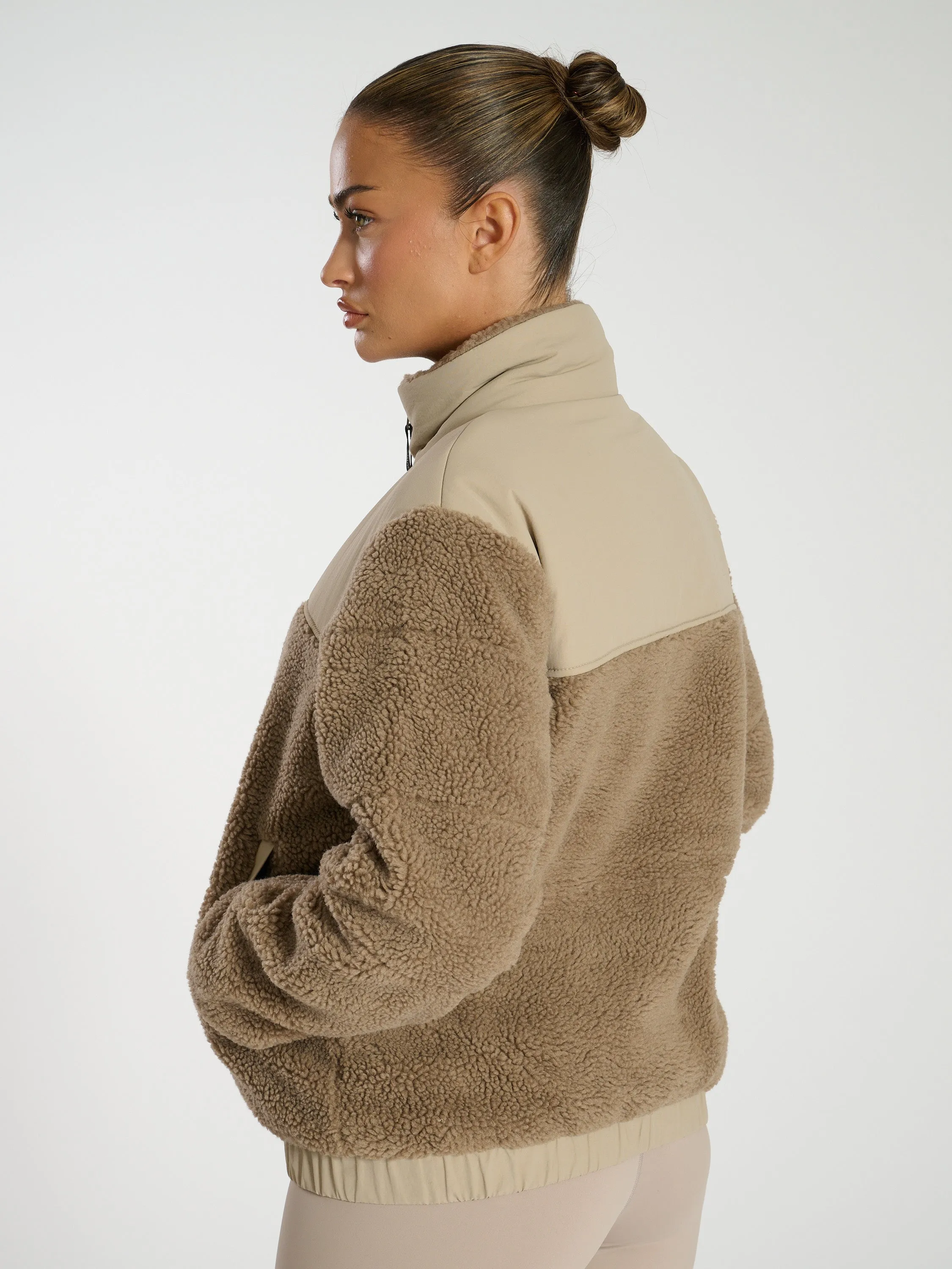 The 'Cold Outside' Cosy Zip Up Teddy Fleece Jacket in Taupe