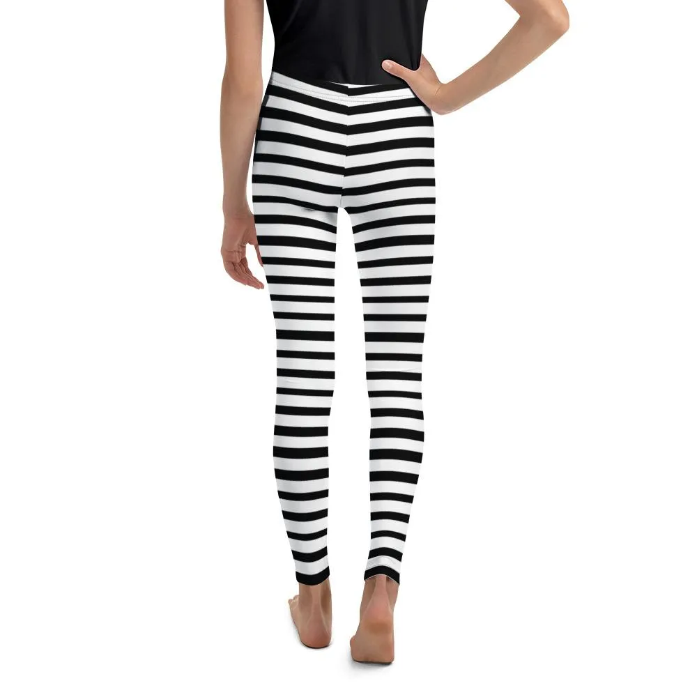 White And Black Horizontal Stripe Print Modern Best Youth Leggings- Made in USA/ EU