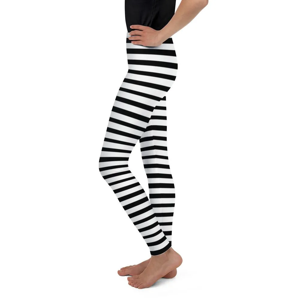 White And Black Horizontal Stripe Print Modern Best Youth Leggings- Made in USA/ EU