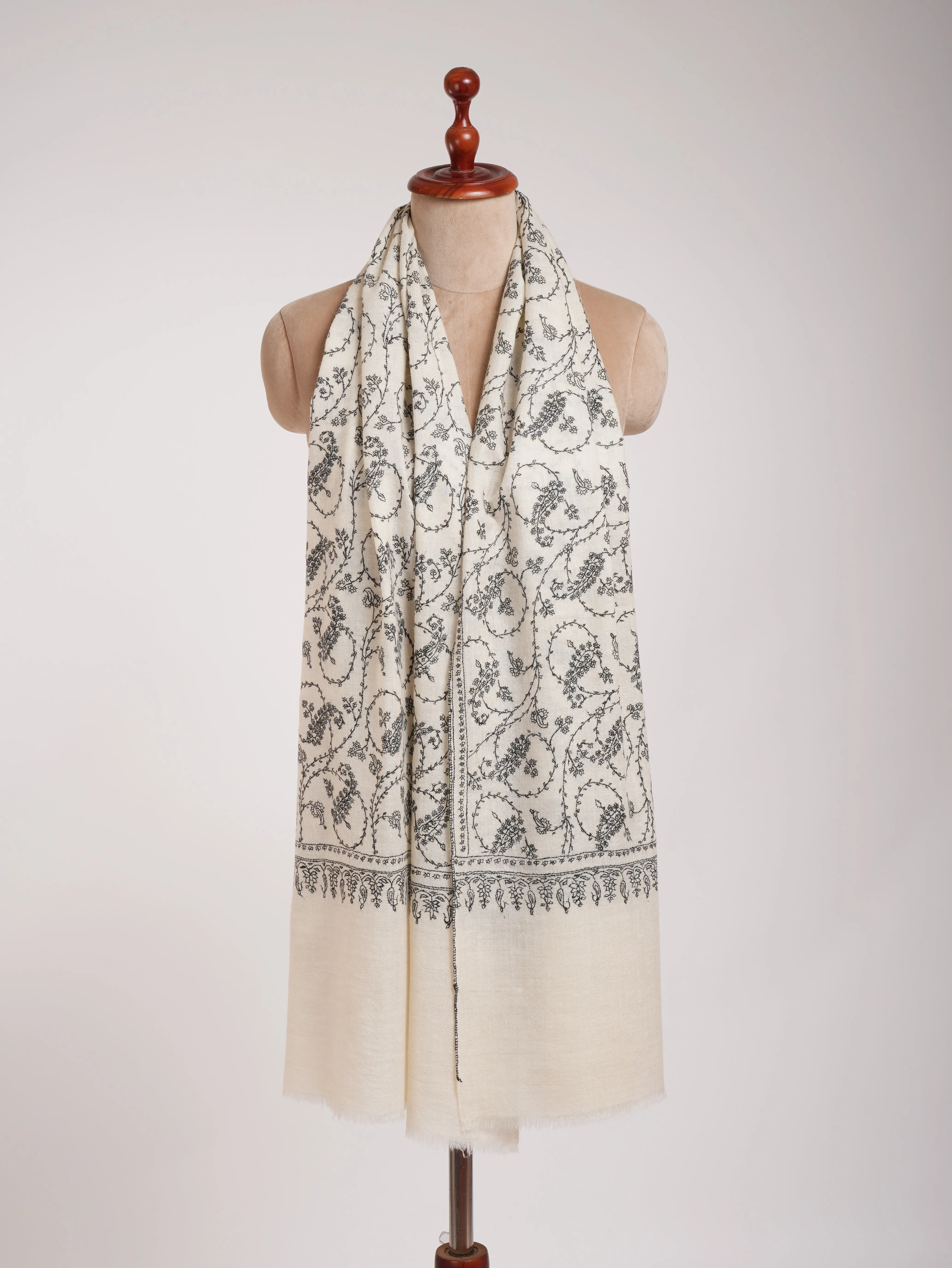 White Pure Cashmere Scarf with Black Sozni Embroidery