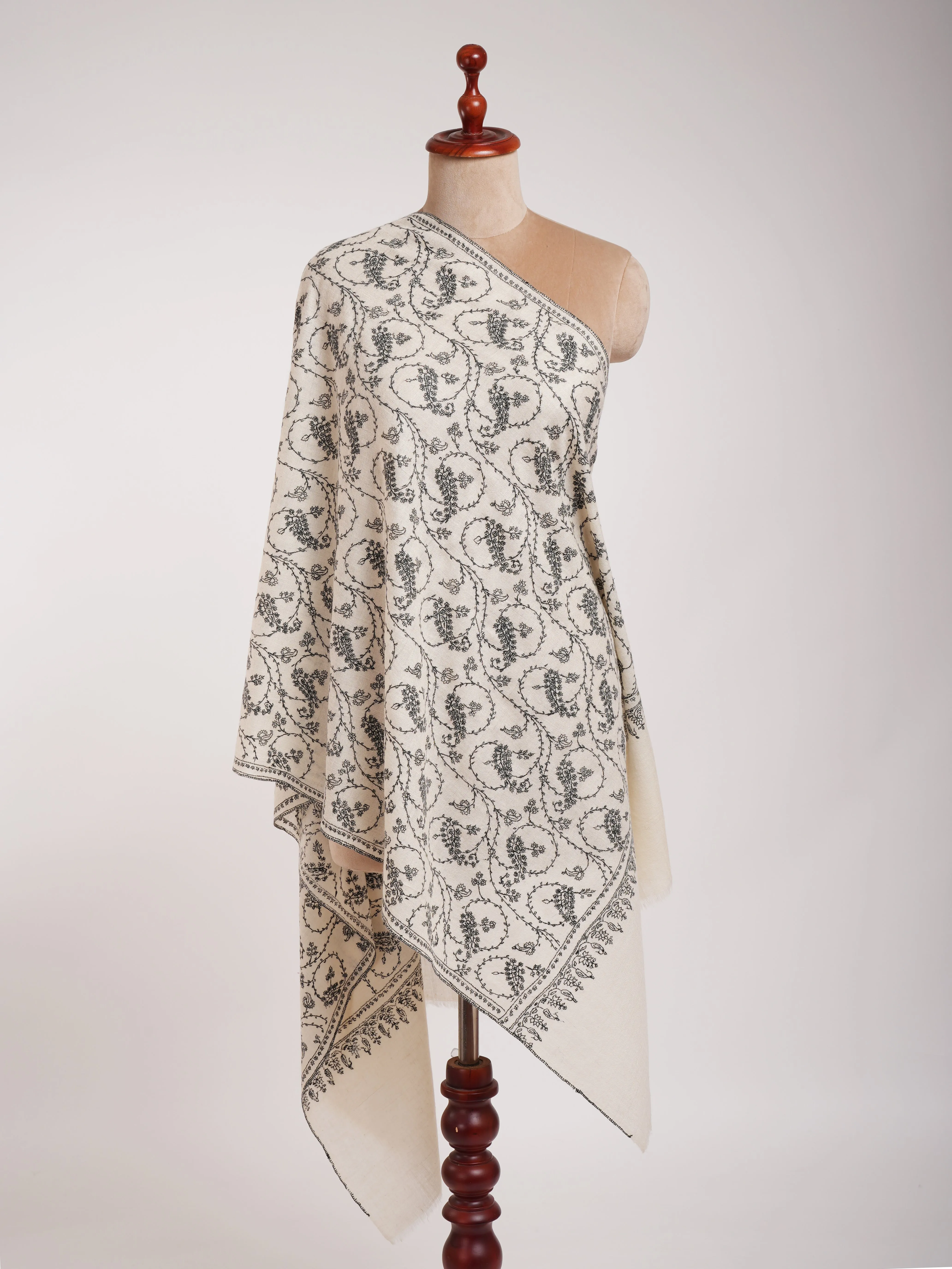 White Pure Cashmere Scarf with Black Sozni Embroidery