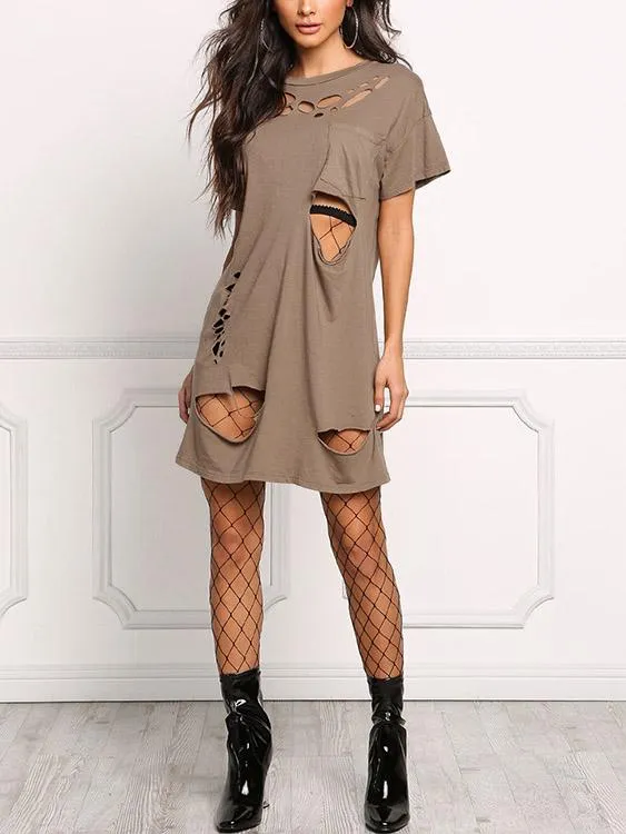 Wholesale Brown Round Neck Short Sleeve Hollow Cut Out Shirt Dresses