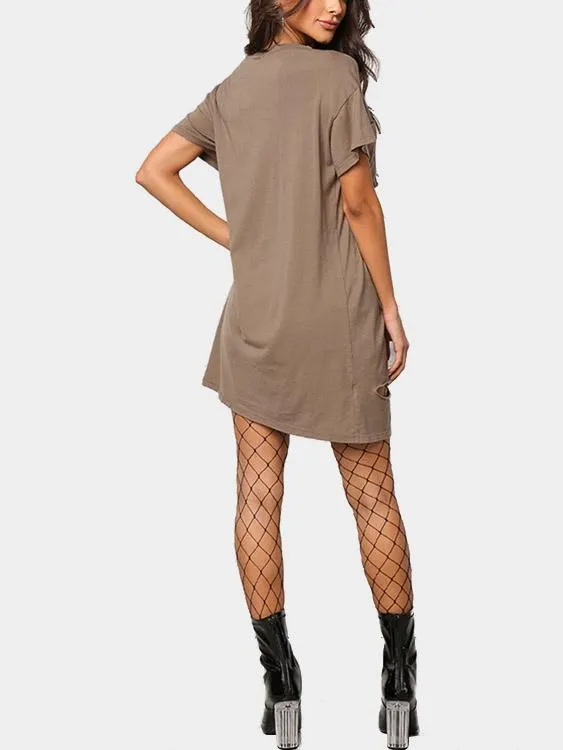 Wholesale Brown Round Neck Short Sleeve Hollow Cut Out Shirt Dresses