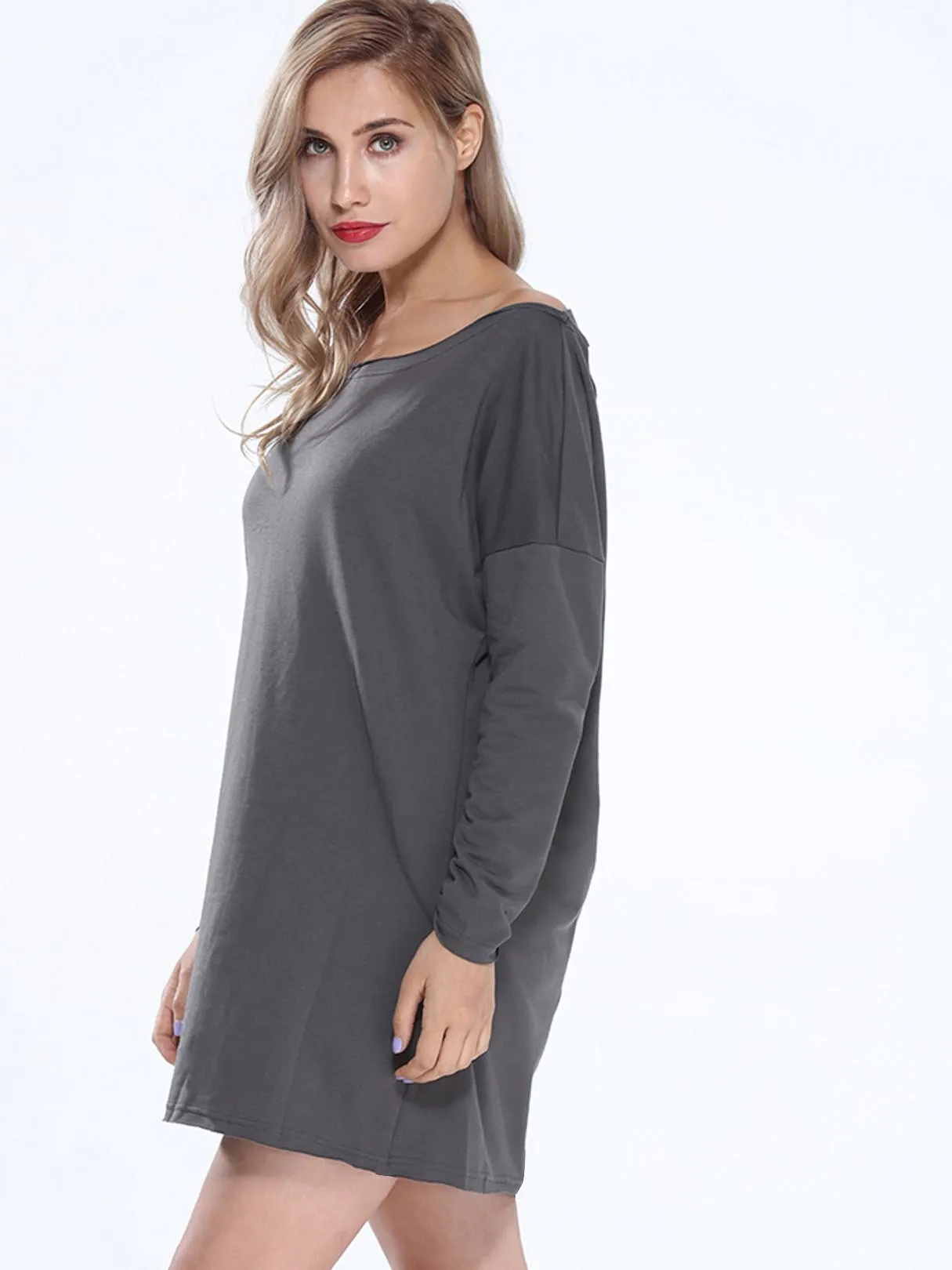 Wholesale Grey Round Neck Long Sleeve Plain Cut Out Shirt Dress