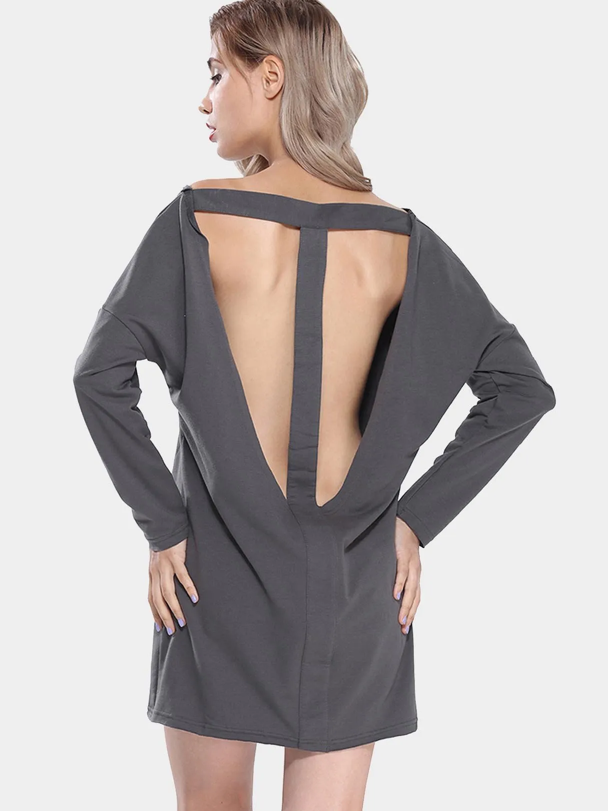 Wholesale Grey Round Neck Long Sleeve Plain Cut Out Shirt Dress