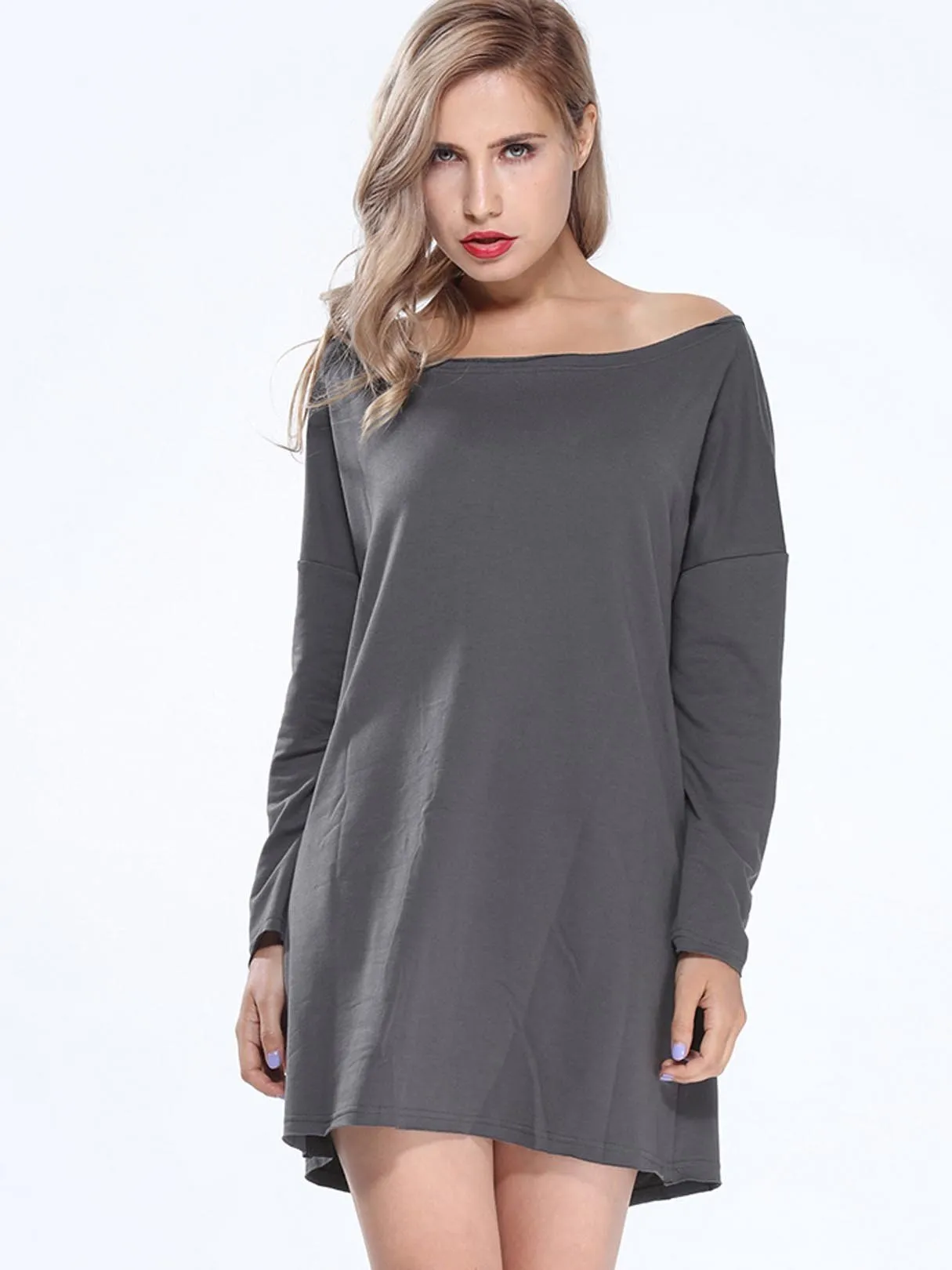 Wholesale Grey Round Neck Long Sleeve Plain Cut Out Shirt Dress