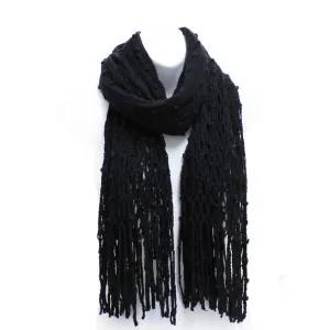 Winter Knit Fish Net Weave Oblong Scarf with Fringe in Black