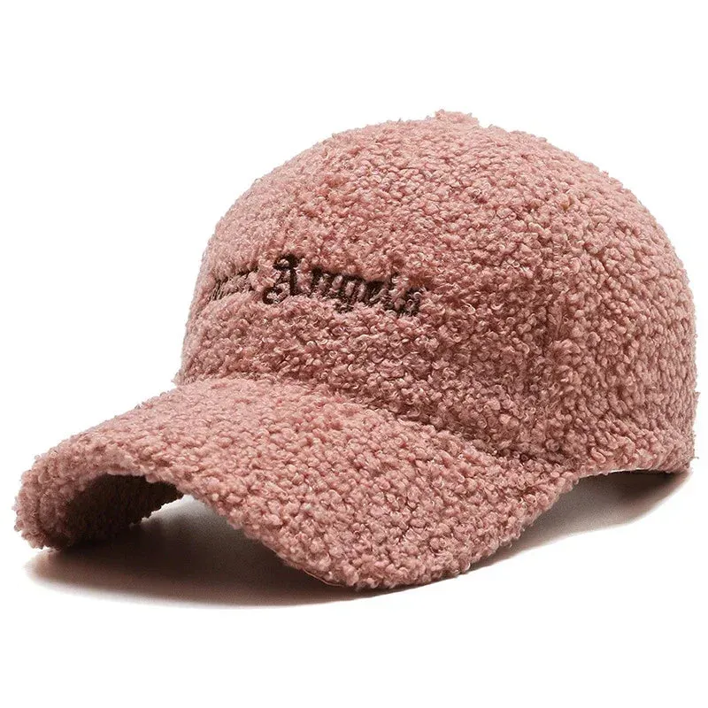 Winter Lamb Fur Hat Baseball Cap Letter Embroidery Women Sun Hat Lady Girls Outdoor Warm Plush Caps Adjustable  Trucker Dad Cap