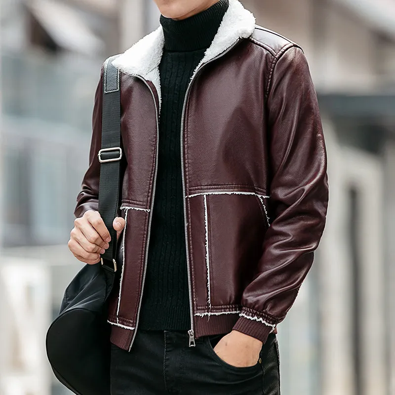 Winter Thick Collar Fleece Men PU Leather Jacket