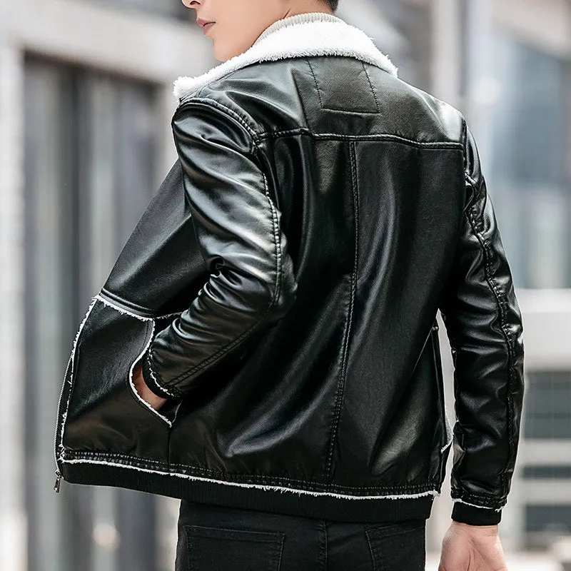 Winter Thick Collar Fleece Men PU Leather Jacket