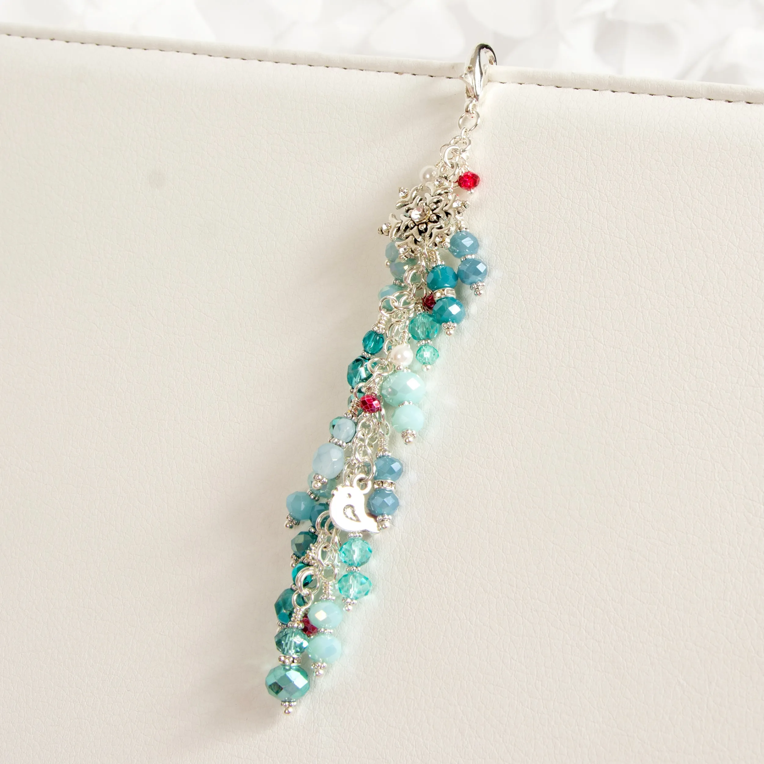 Winter Twilight Snowflake Planner Charm with a Blue, Red and White Crystal and Pearl Dangle