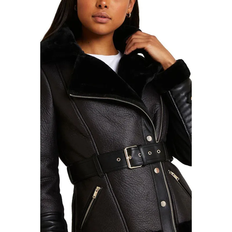 Women B3 Shearling Leather Coat in Black