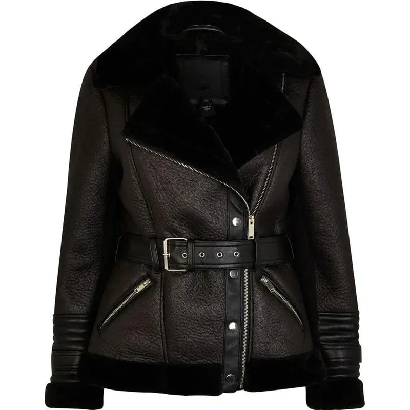 Women B3 Shearling Leather Coat in Black