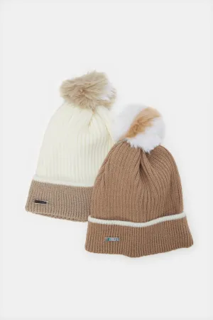 Women Beige And Brown Embellished Knitted Cap Set (Pack of 2)