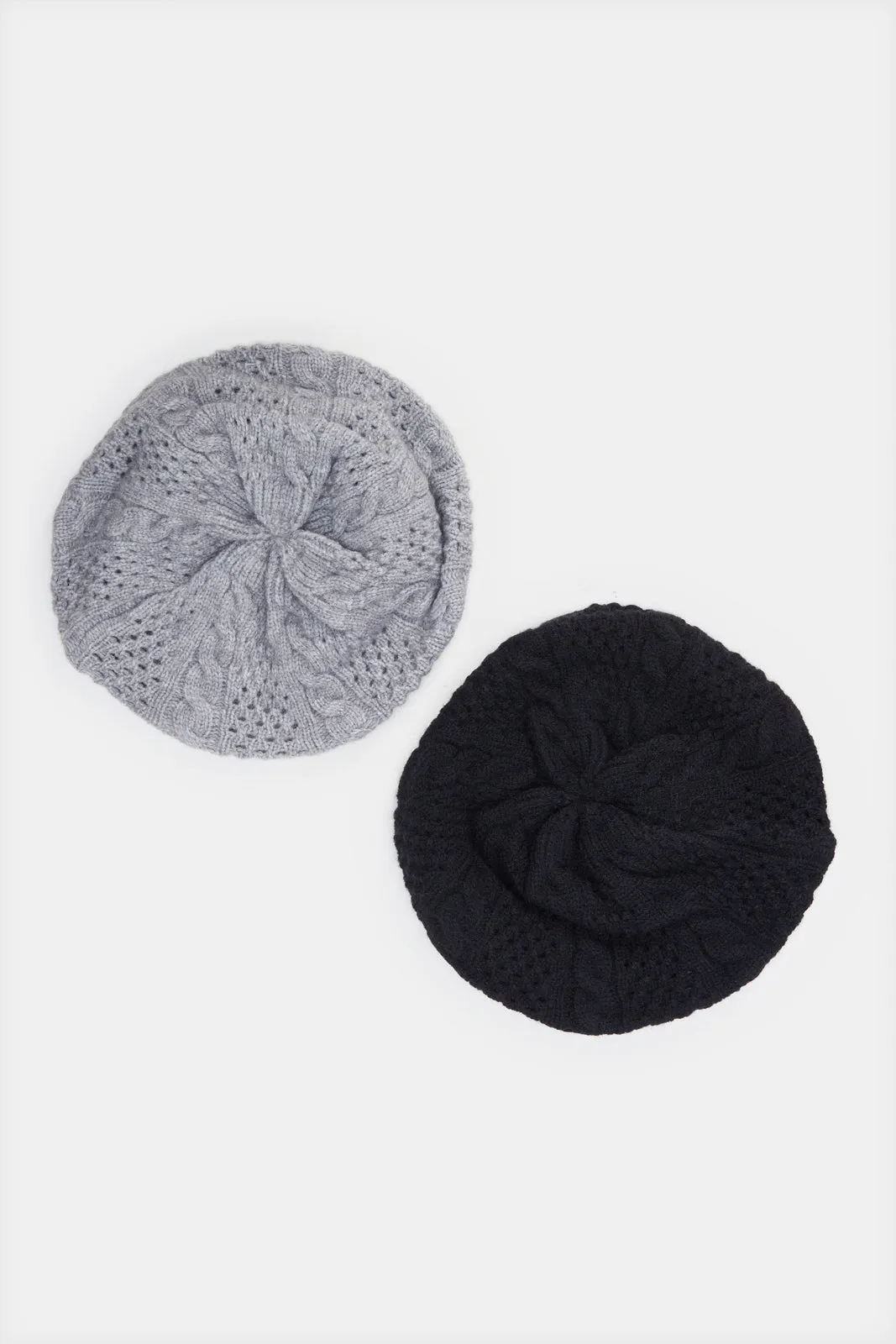 Women Black And Grey Embellished Knitted Cap Set (Pack of 2)