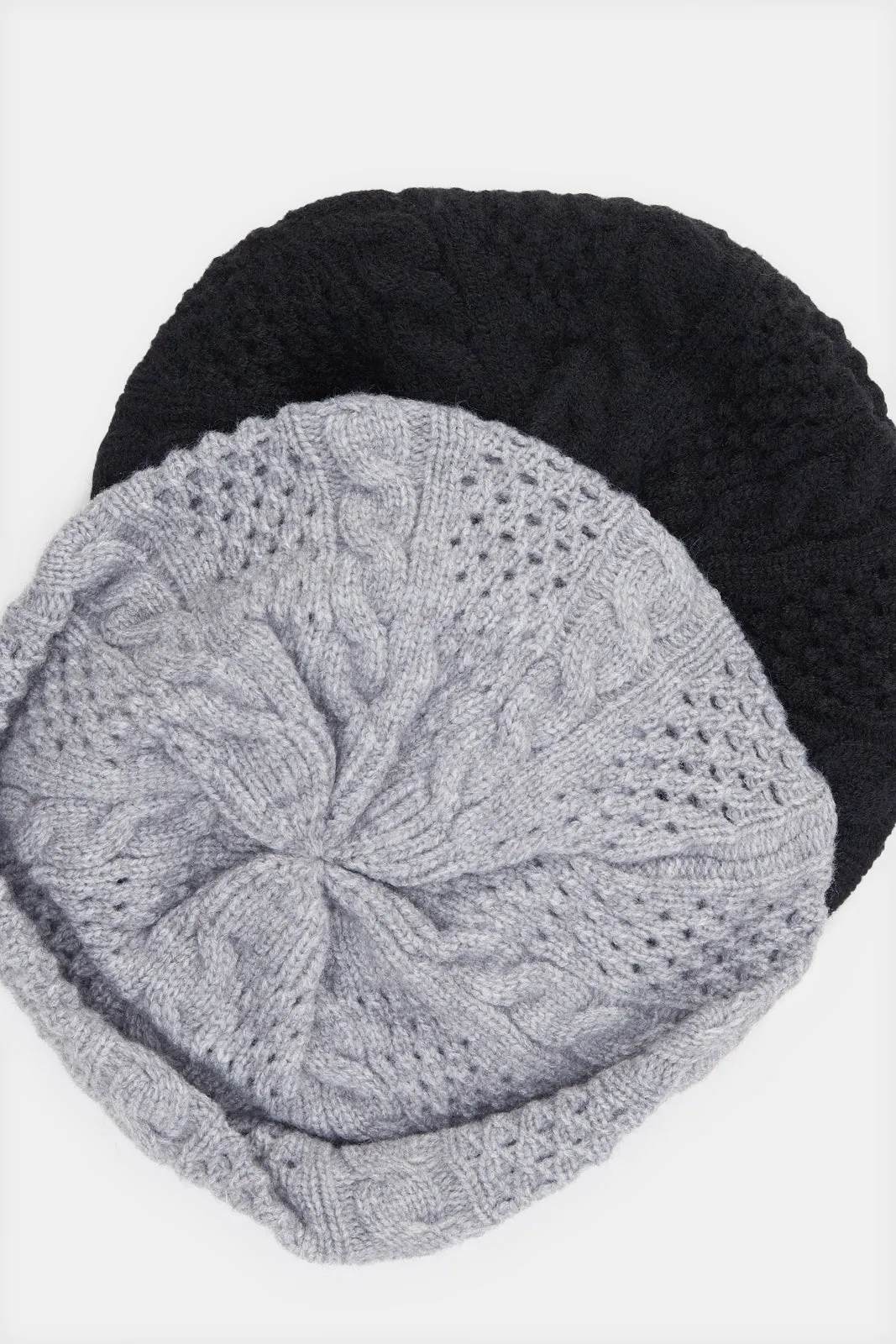 Women Black And Grey Embellished Knitted Cap Set (Pack of 2)