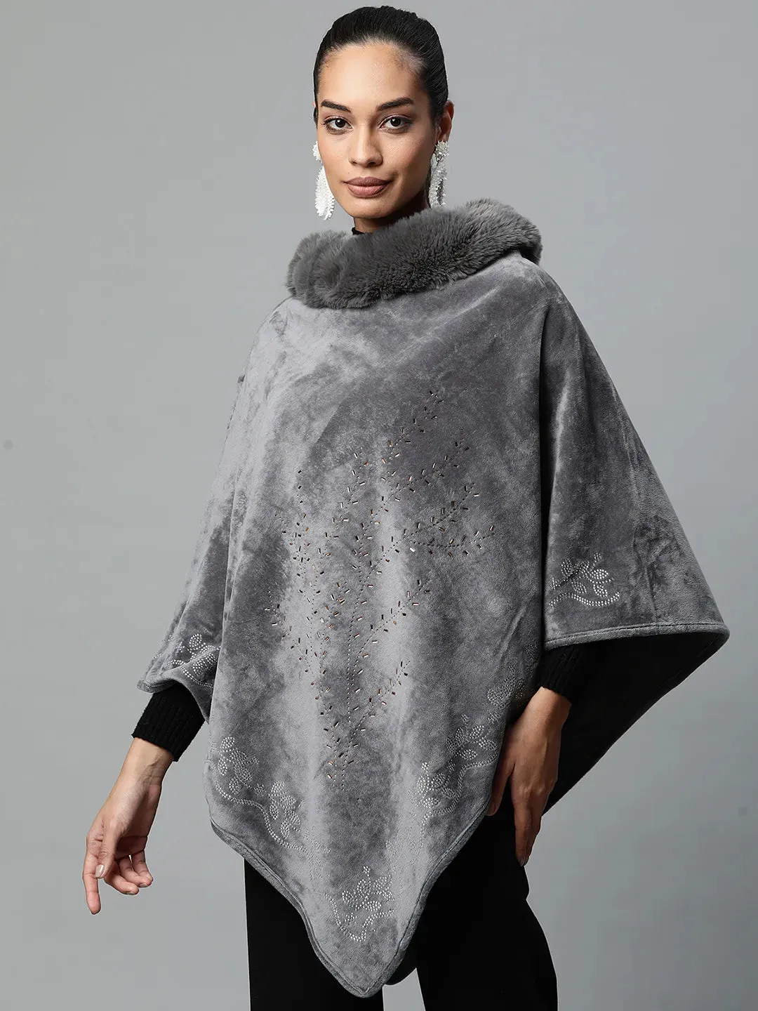 Women Grey Furry Neck Embellished Velvet Poncho