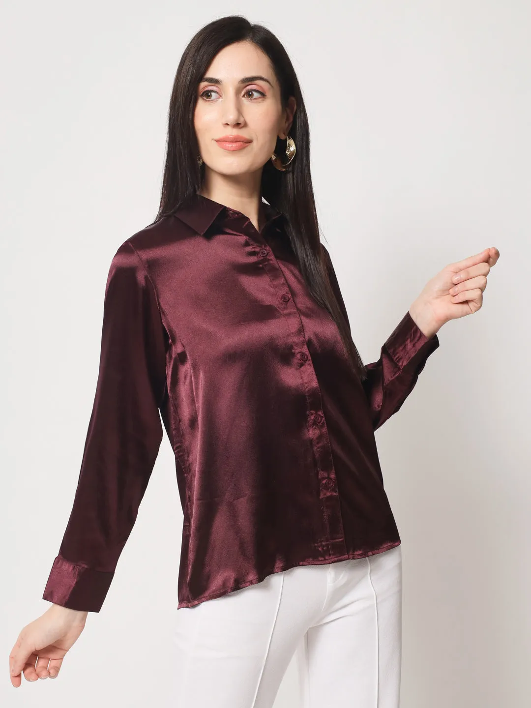 Women Maroon Classic Slim Fit Casual Shirt