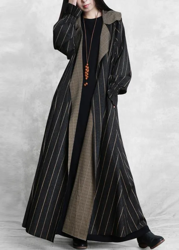 women plus size trench coat dark gray striped Notched pockets wool coat for woman