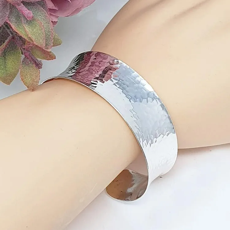 Women's Concave Hammered Effect 925 Sterling Silver Cuff Bangle Bracelet