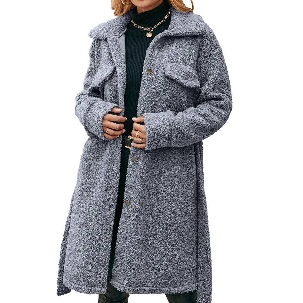 Women's Elegant Gray Fleece Winter Coat with Pockets | Ideal for Winter