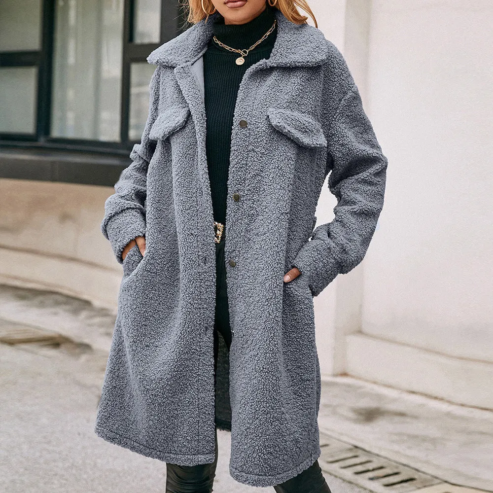 Women's Elegant Gray Fleece Winter Coat with Pockets | Ideal for Winter