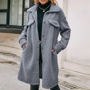 Women's Elegant Gray Fleece Winter Coat with Pockets | Ideal for Winter