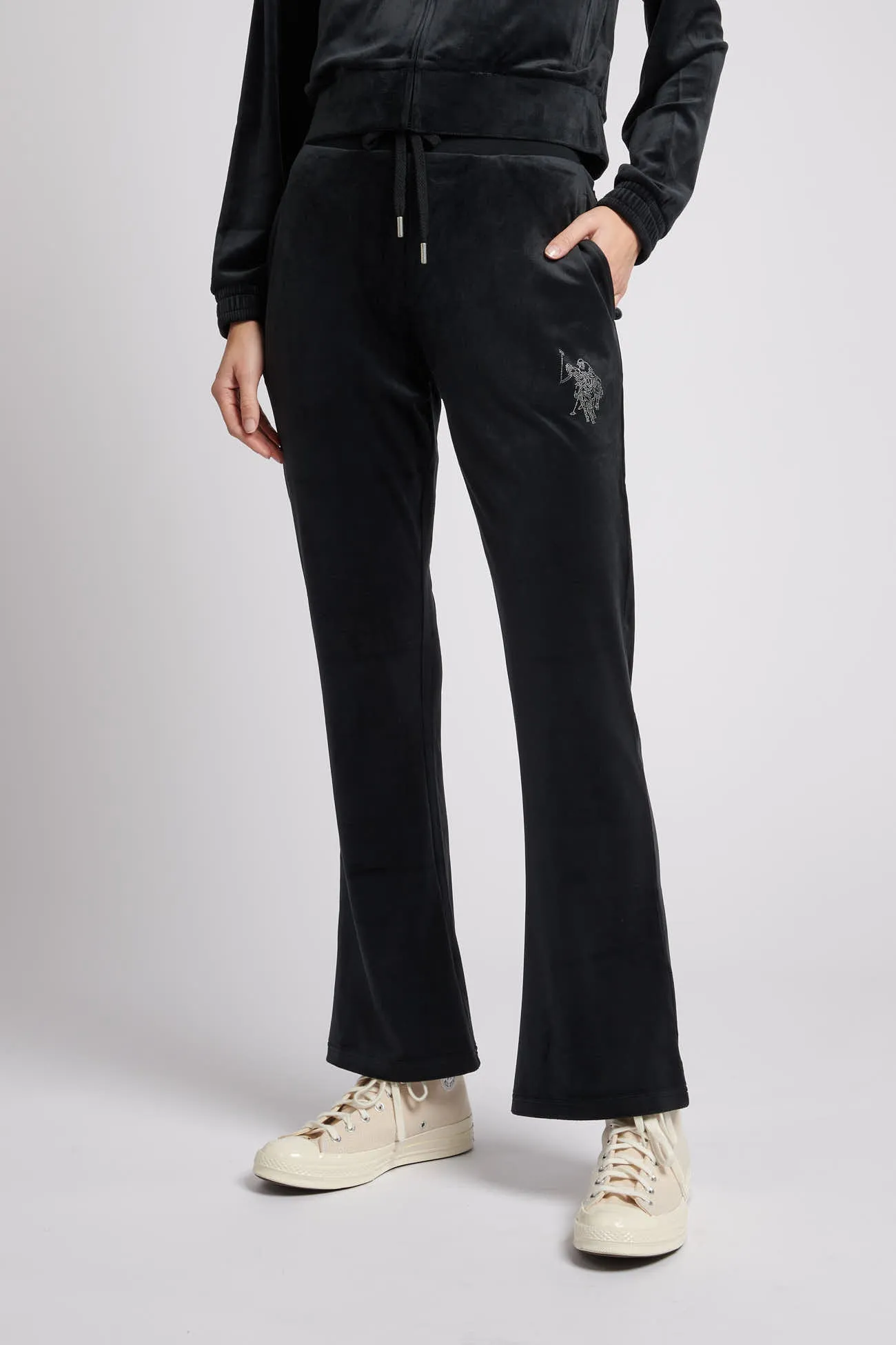 Womens Velour Diamante Flare Joggers in Black