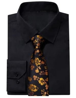 YourTies Black Solid Long Sleeve Shirt with Black Gold Floral Silk Tie for Men